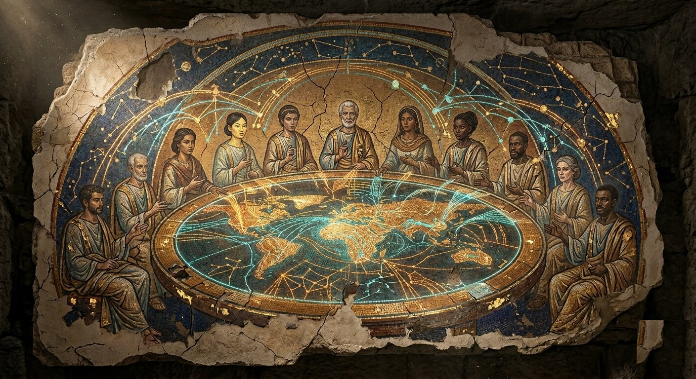Ancient mosaic fresco of diverse people gathered around a holographic world map