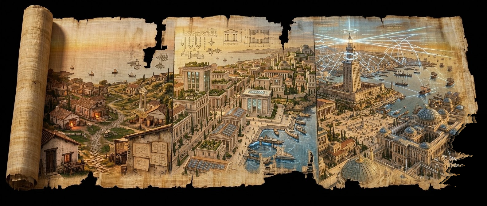 Three-panel city progression from ancient village to classical city to futuristic empire