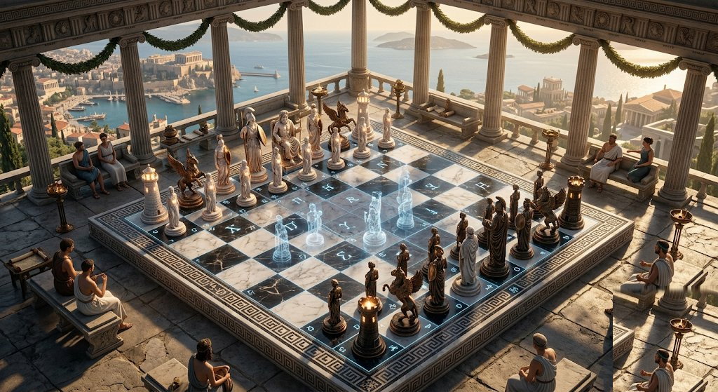 Hellenofuturistic chessboard with classical statue pieces and holographic overlays