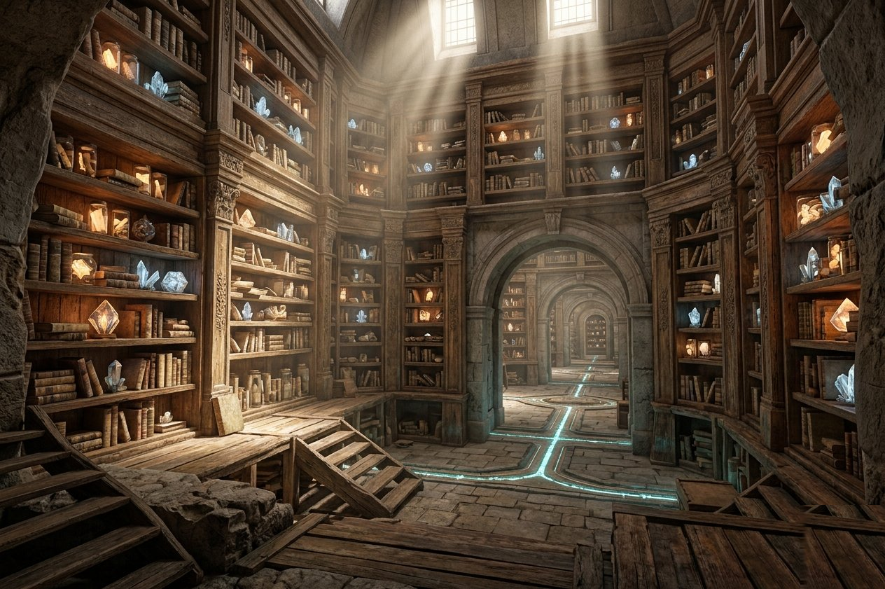 Ancient library with glowing crystals and circuit-like floor channels
